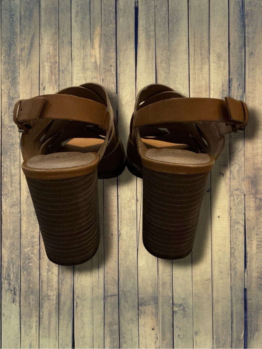 🌺Madewell Cindy Tan Leather Crisscross Stacked Heel Sandals - Picture 6 of 9
